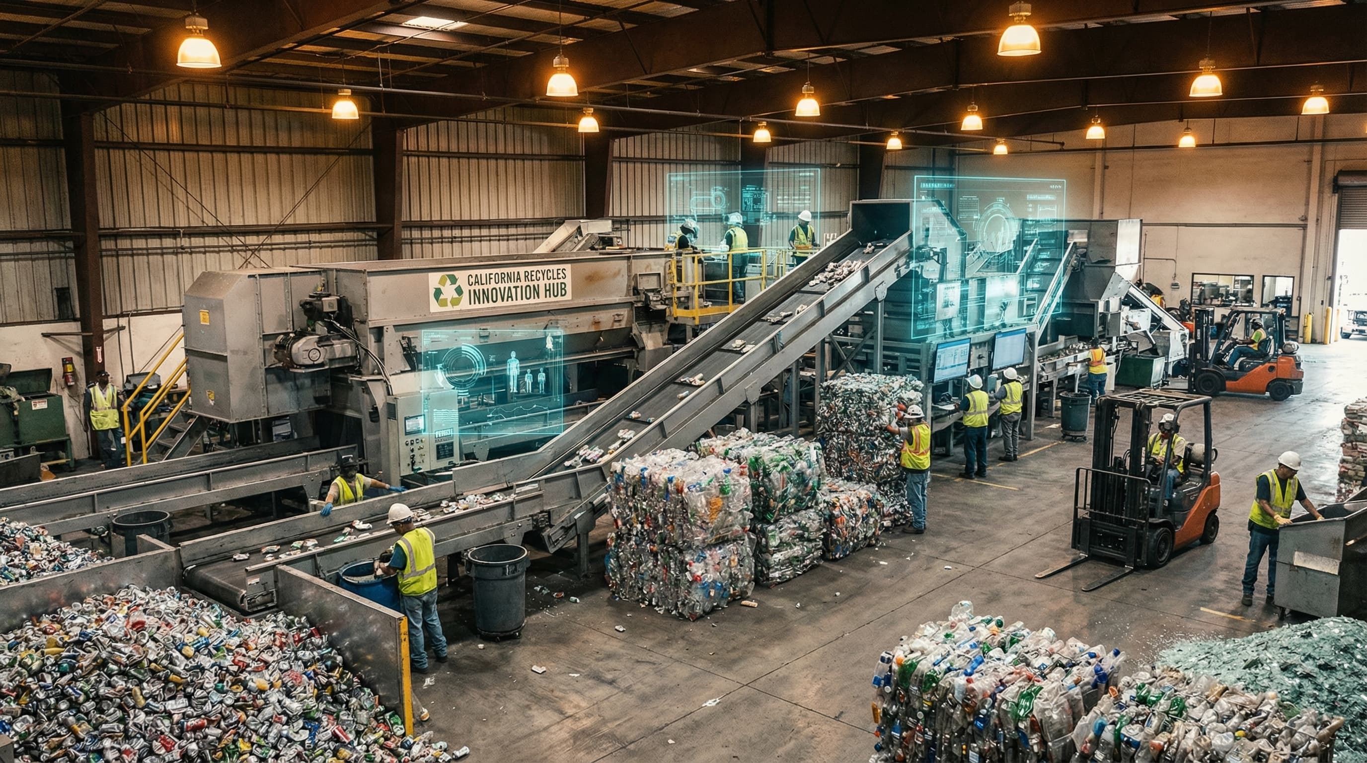 Interior of a modern California recycling center with industrial equipment and sorted recycling materials