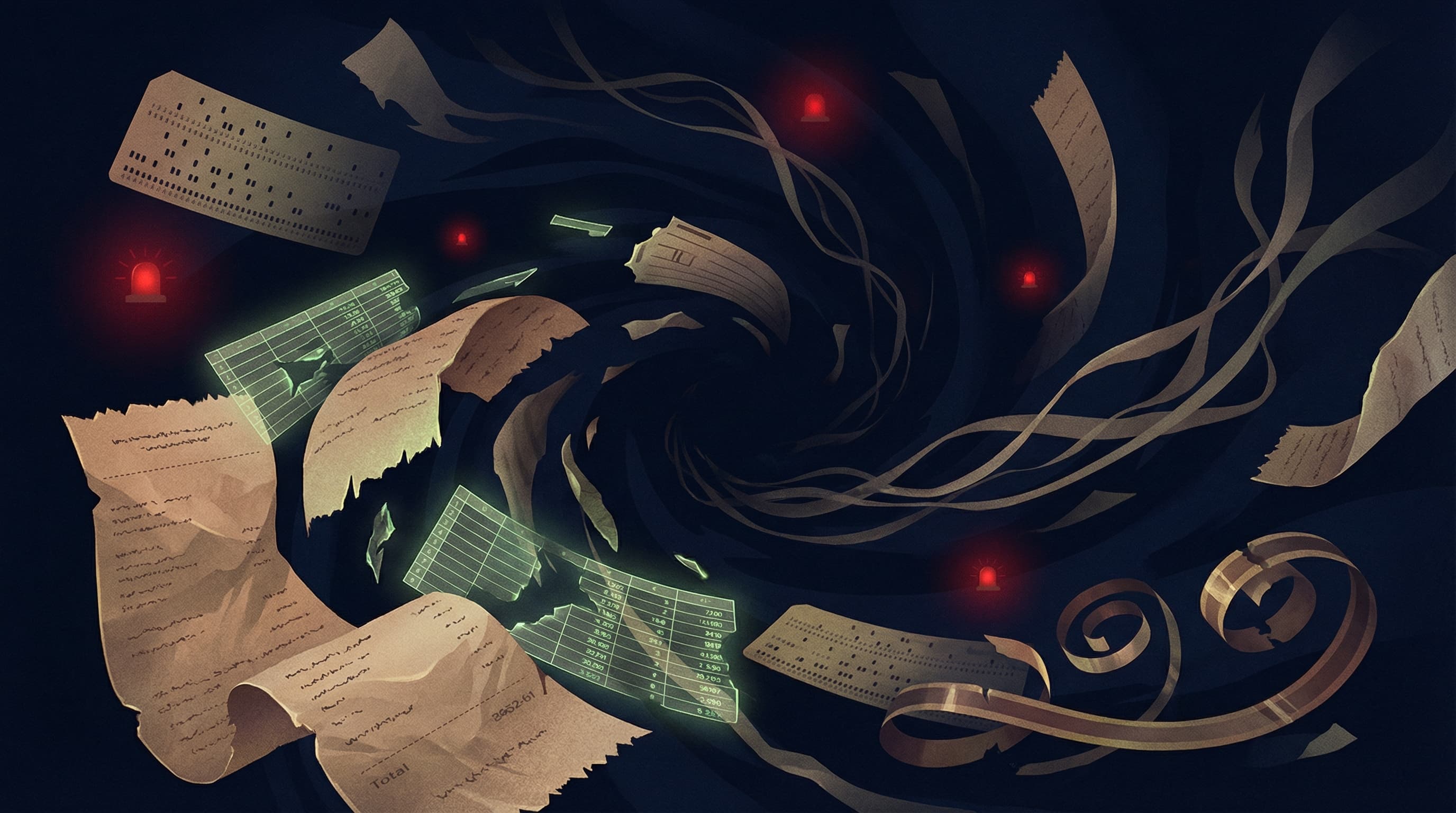 Dark moody illustration depicting scattered paper receipts and disconnected data fragments representing broken recycling data systems