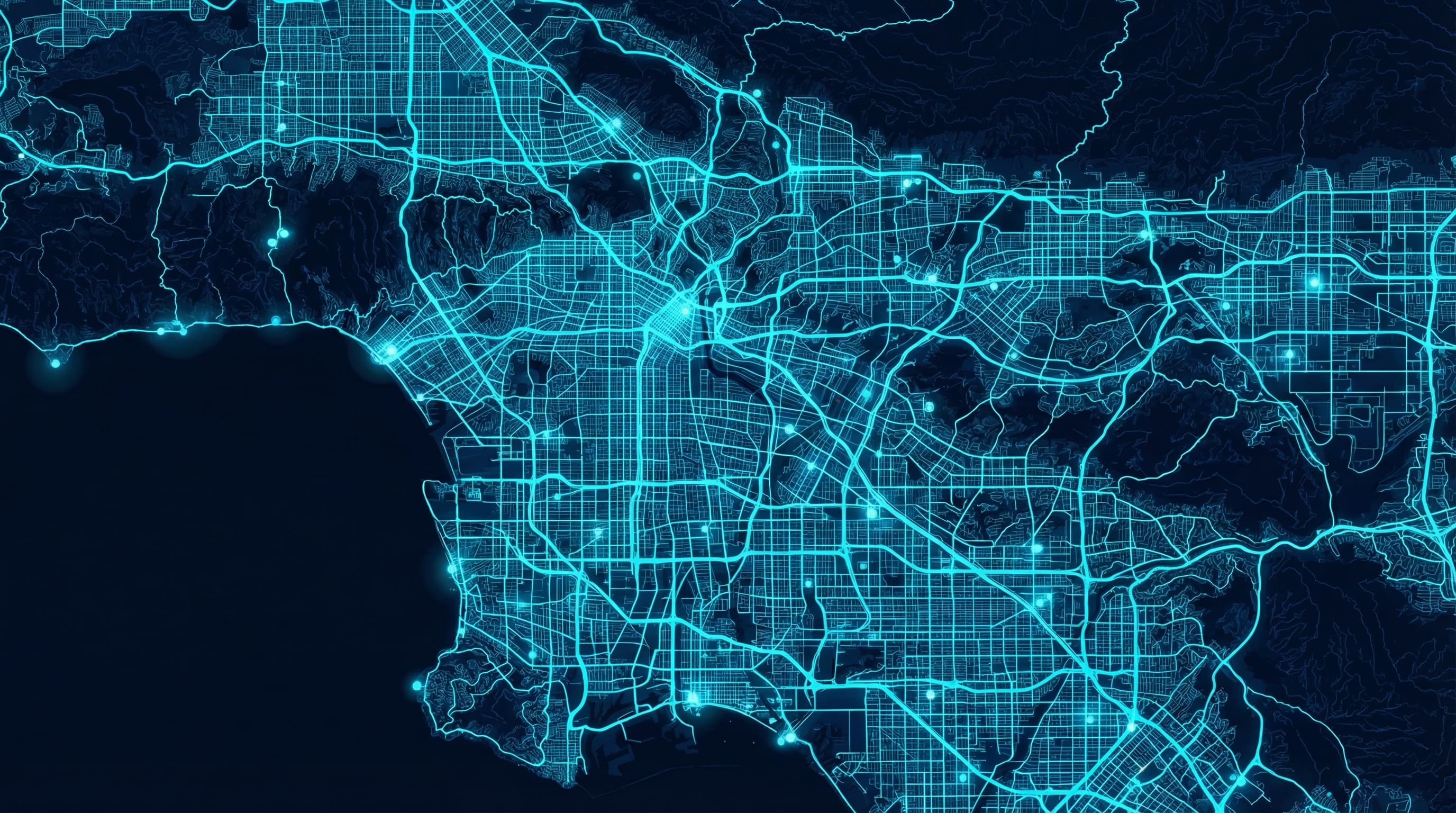 Stylized dark map visualization of Los Angeles and Southern California at night with cyan network connection points