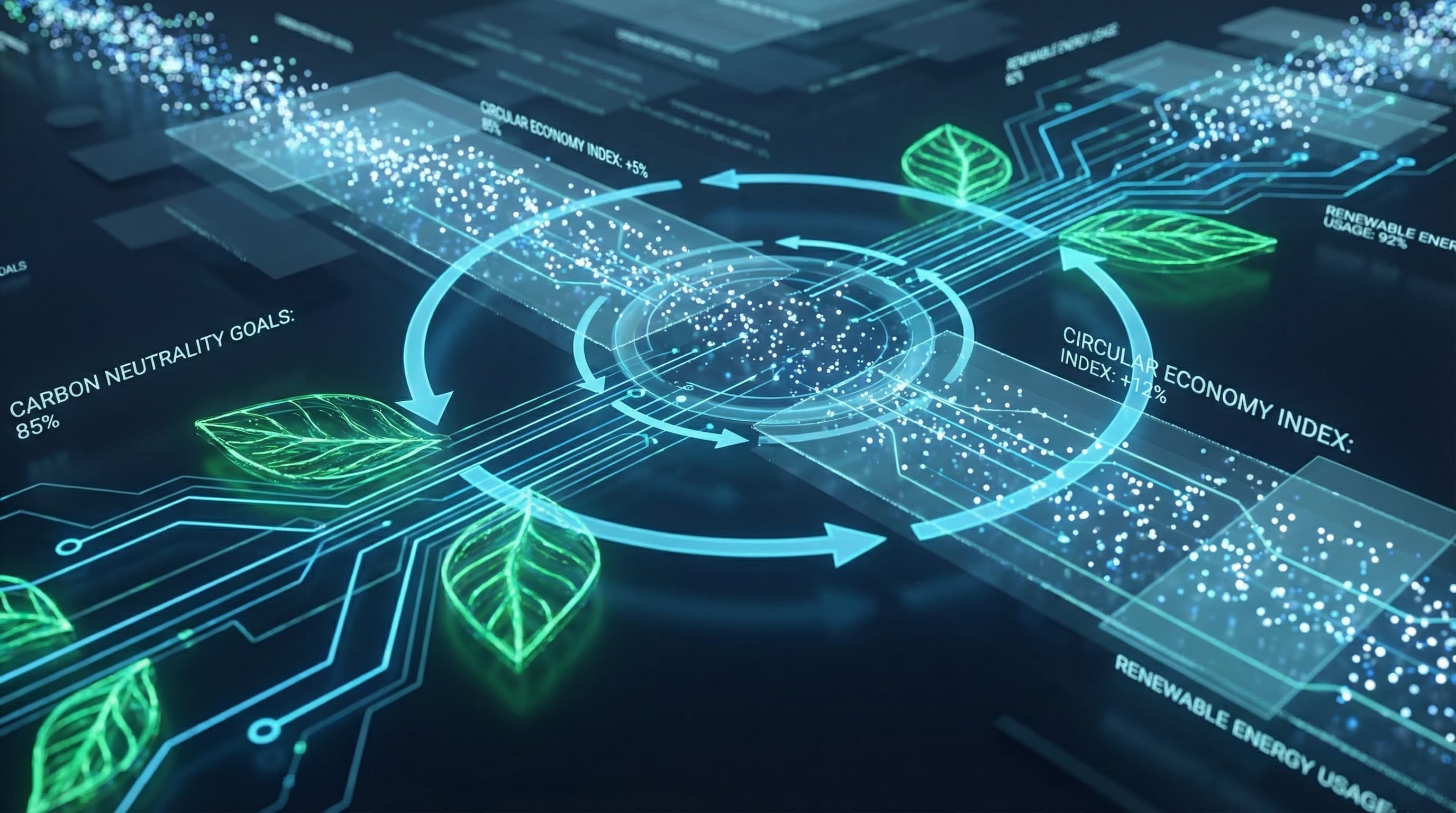 Environmental sustainability data visualization with glowing green and cyan leaf motifs interwoven with data streams