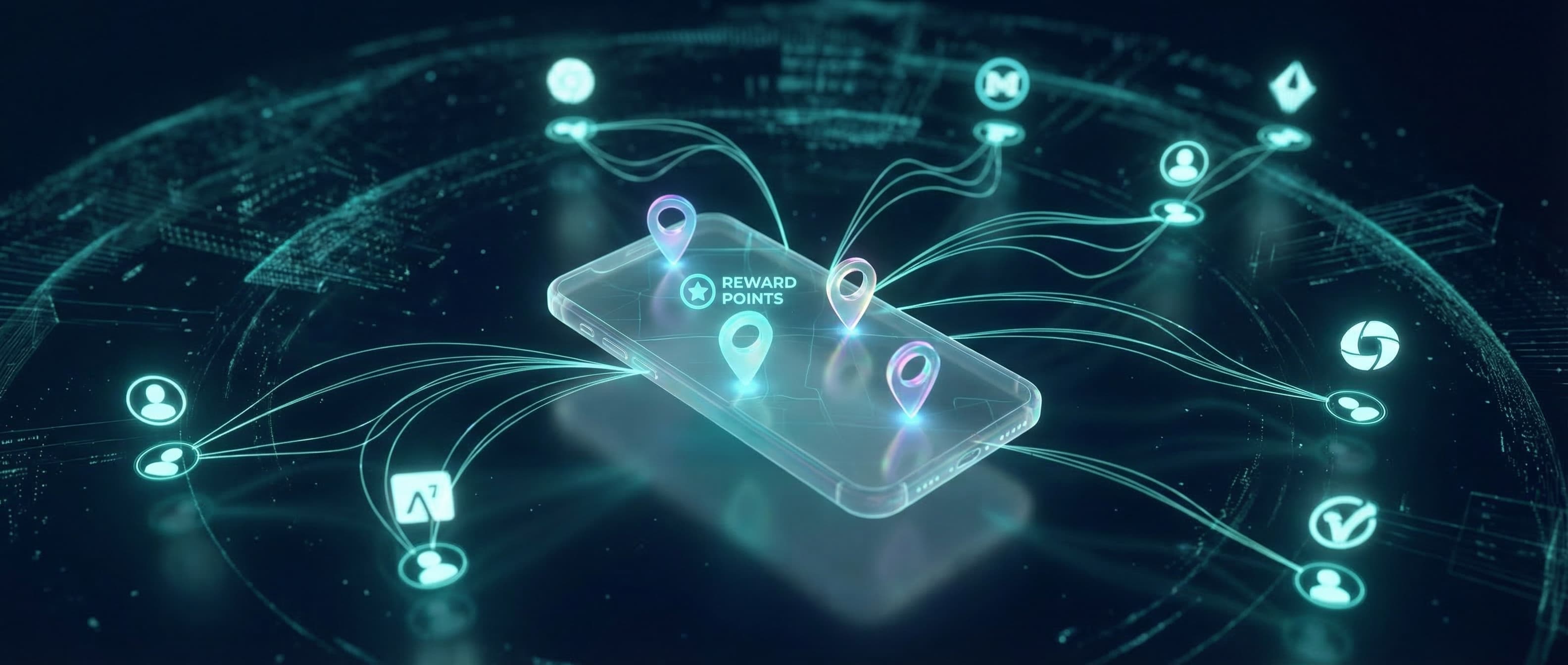 Abstract mobile app interface with glowing discovery pins and reward elements on dark navy background