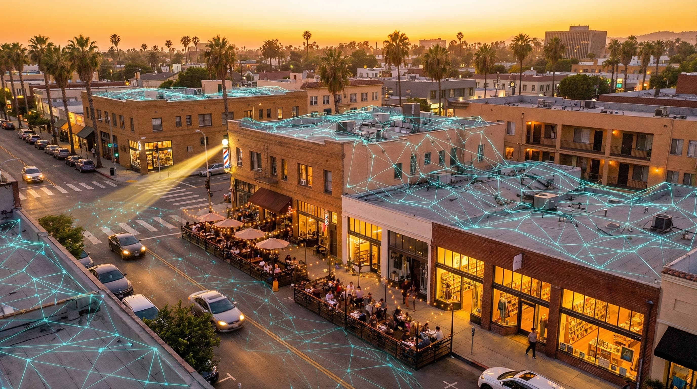 Warm aerial view of a vibrant local business neighborhood at dusk with restaurants, barbershops, and retail storefronts