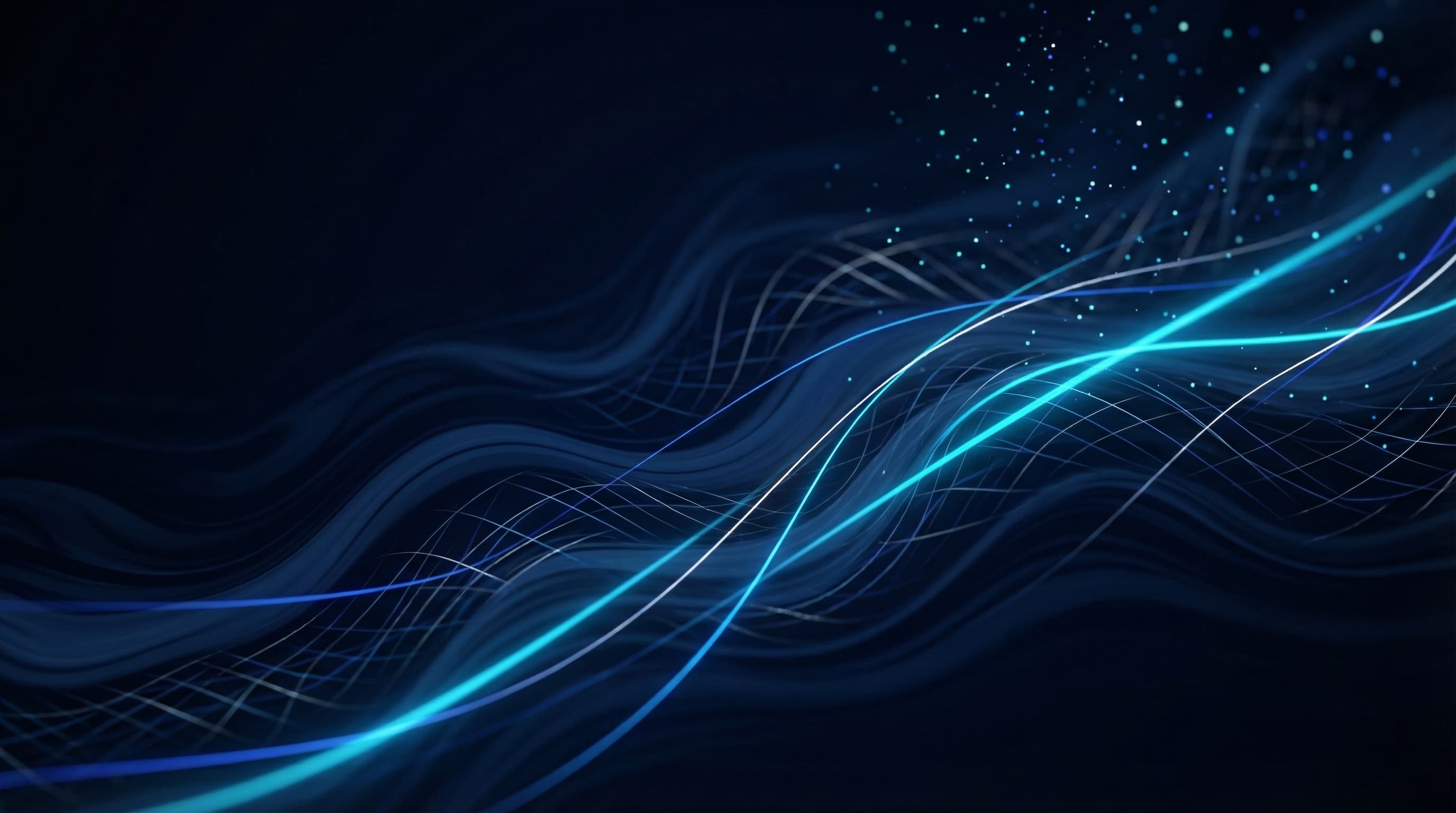Abstract flowing waves of deep navy and dark blue with bright cyan accent light streaks