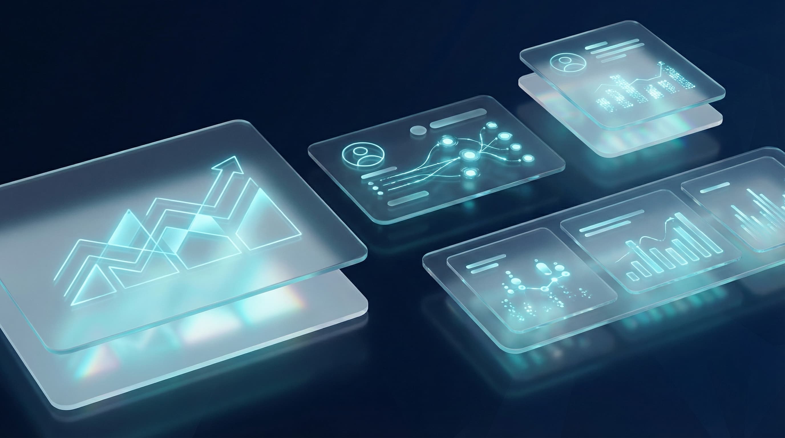 Abstract floating UI cards and dashboard elements with glowing cyan accents showing analytics