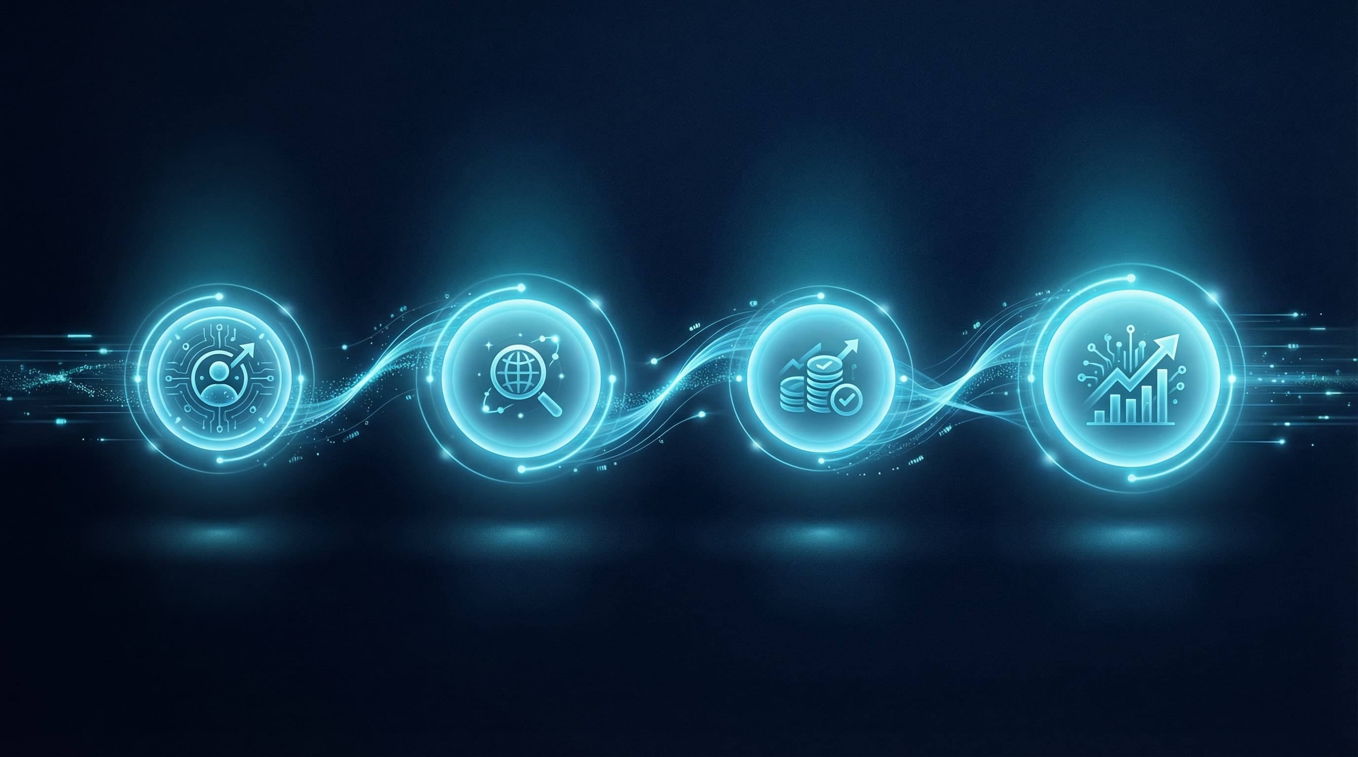 Abstract four-step business flow process with glowing cyan circular nodes connected by flowing light paths