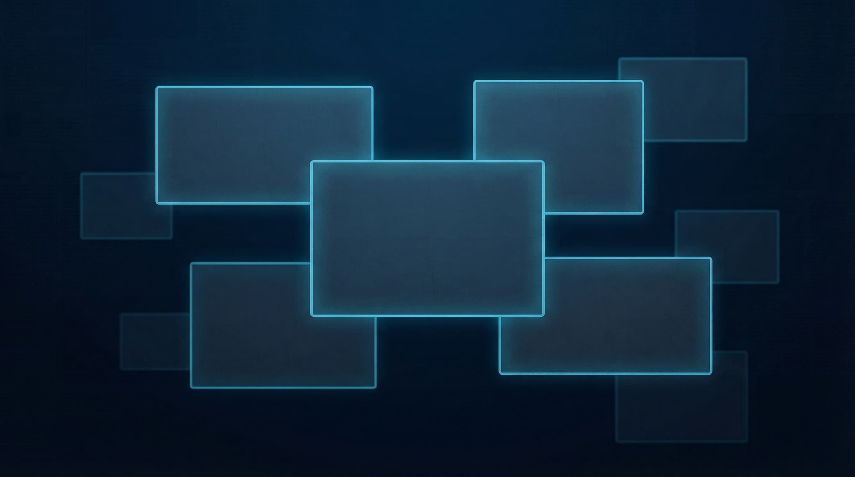 Abstract dark navy editorial grid background with floating card shapes and subtle cyan borders
