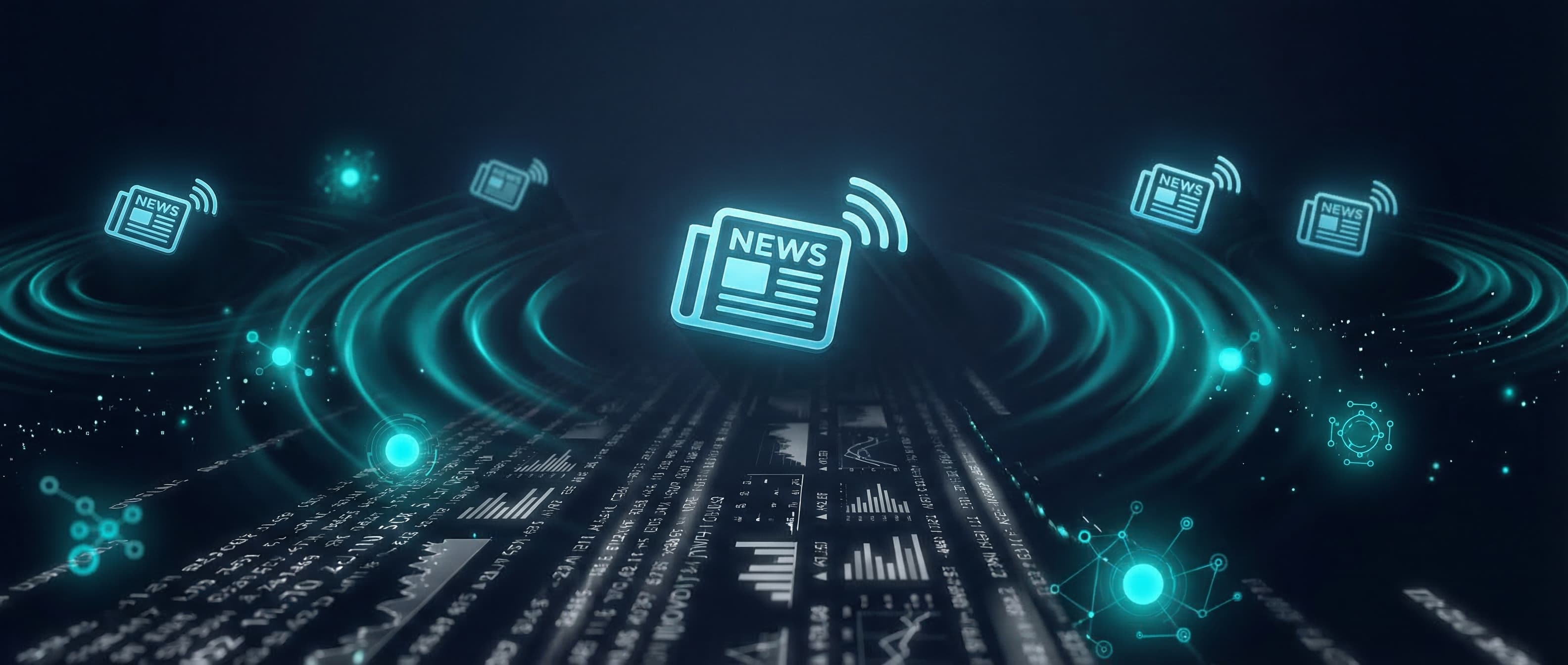 Abstract dark navy editorial background with subtle card shapes suggesting news articles