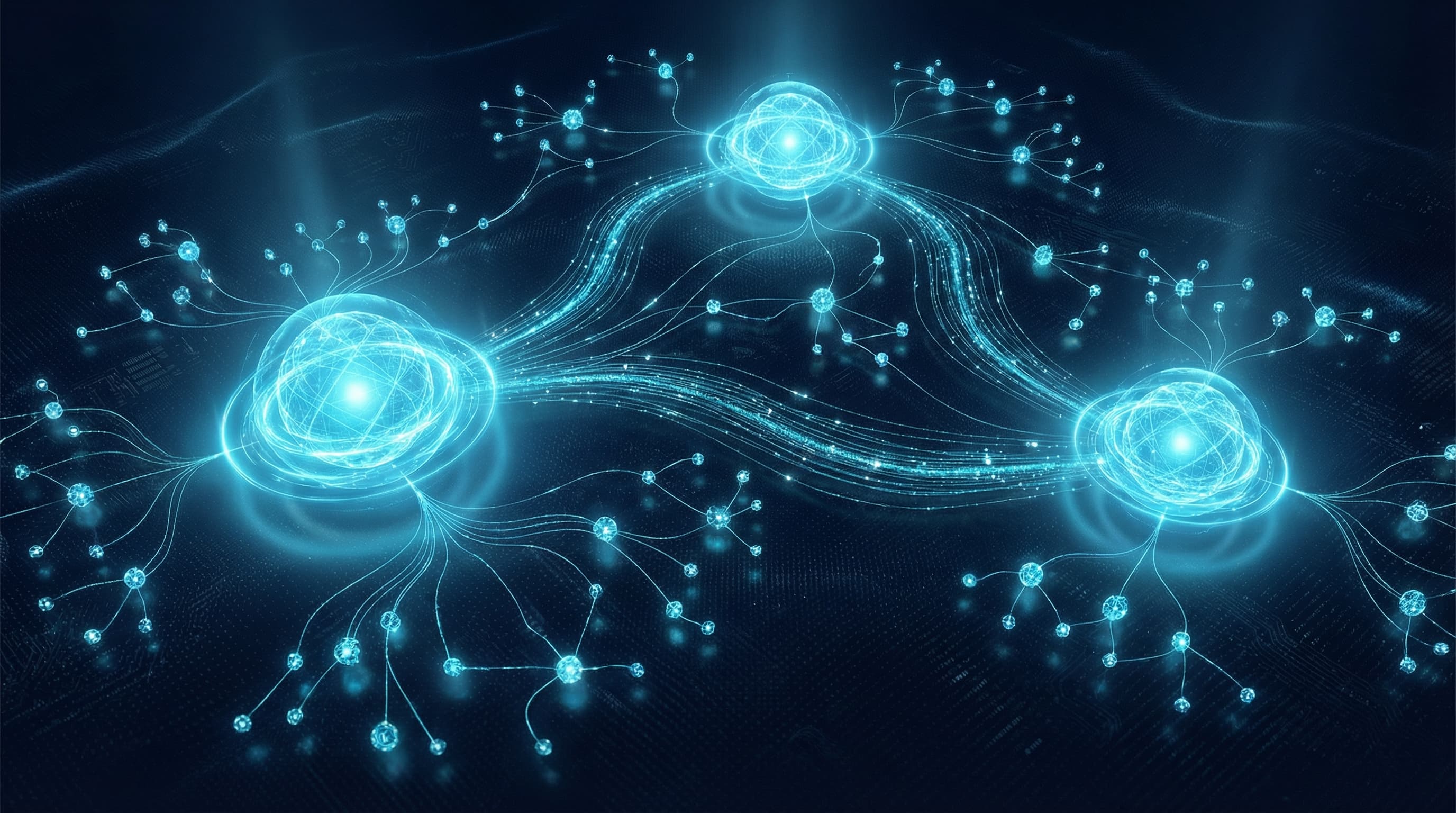 Abstract connected nodes and data flow lines forming an ecosystem diagram with three luminous hub points