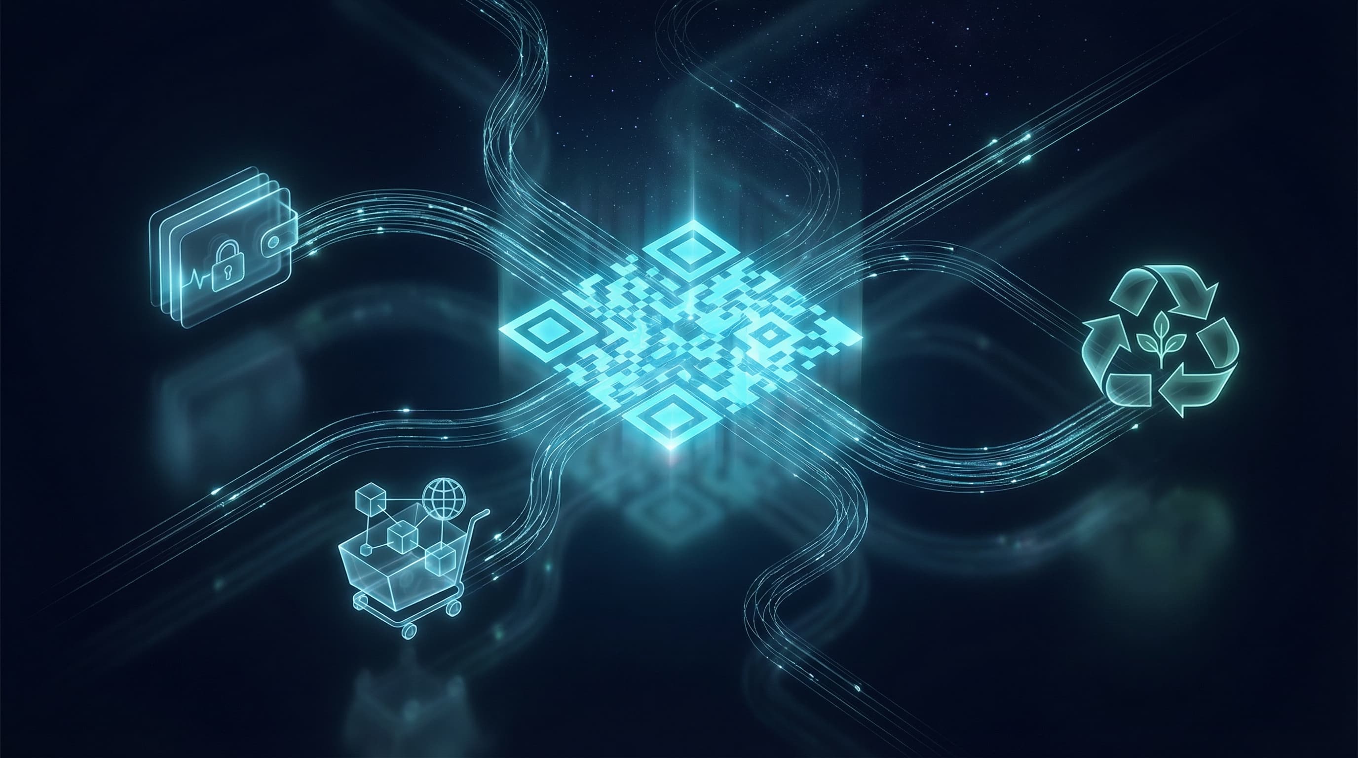 Abstract unified identity concept showing a glowing QR code at center with connection lines to wallet, store, and recycling symbols