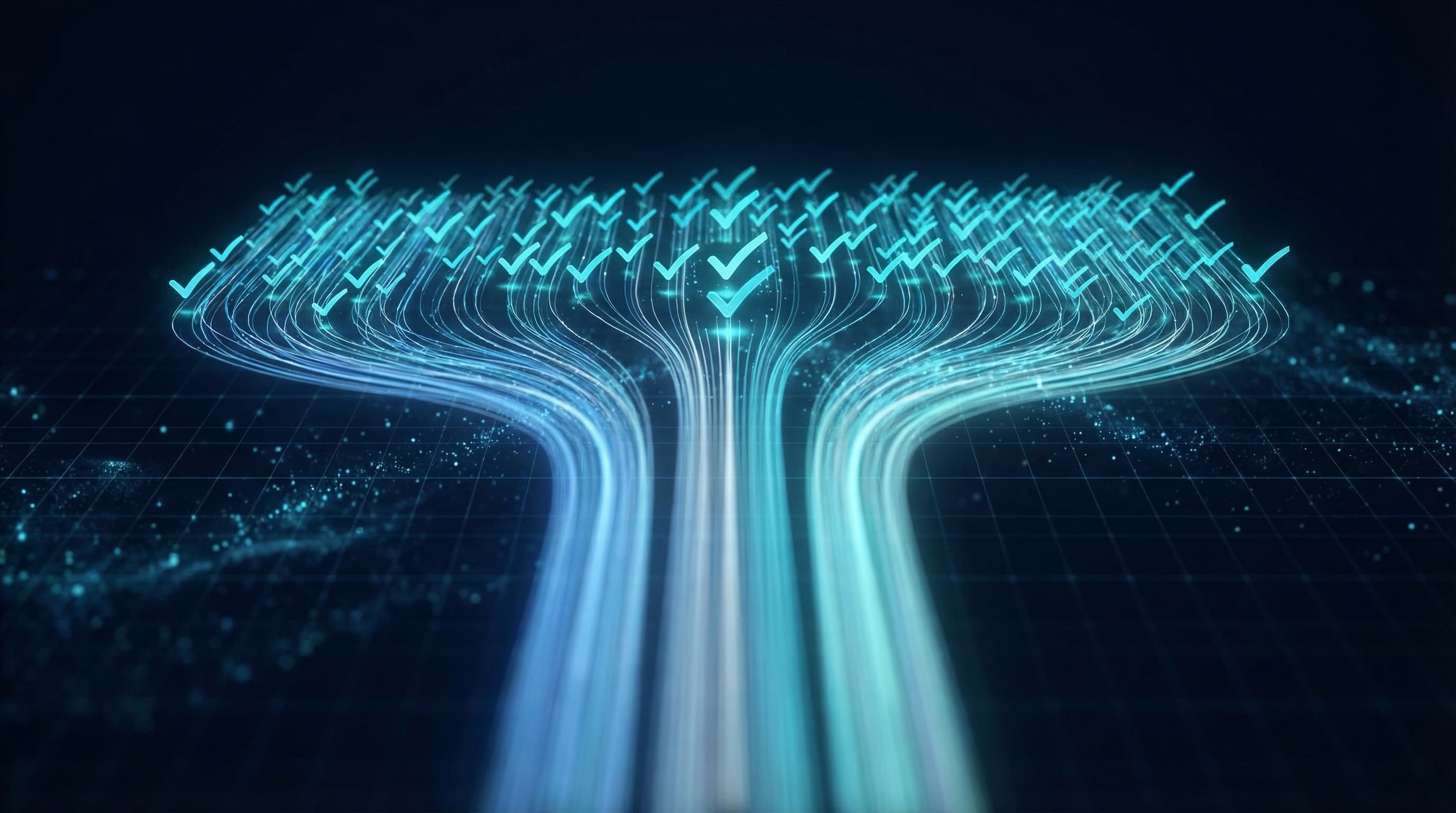 Abstract verified data visualization with glowing cyan checkmark symbols and flowing data streams on deep navy background