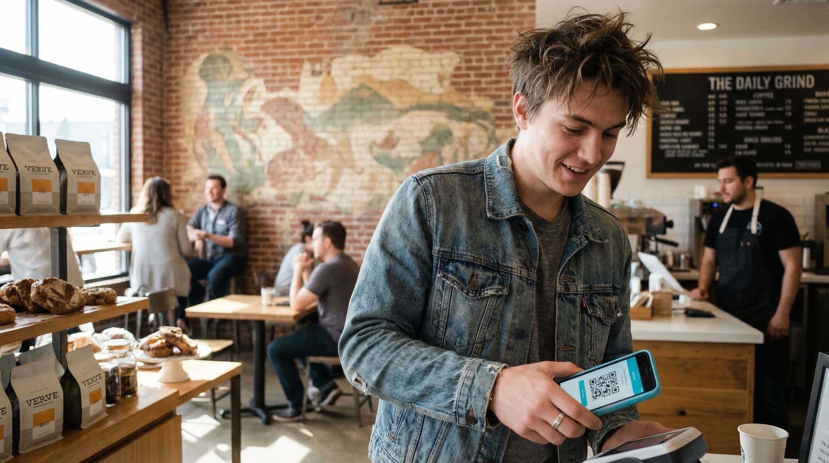 Consumer using dLoop app at a local business to earn verified rewards