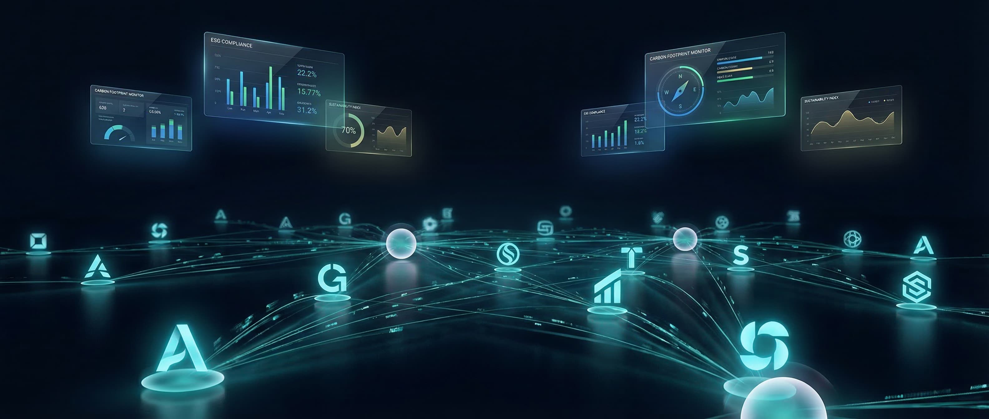 Abstract enterprise ESG verification visualization with corporate data flows