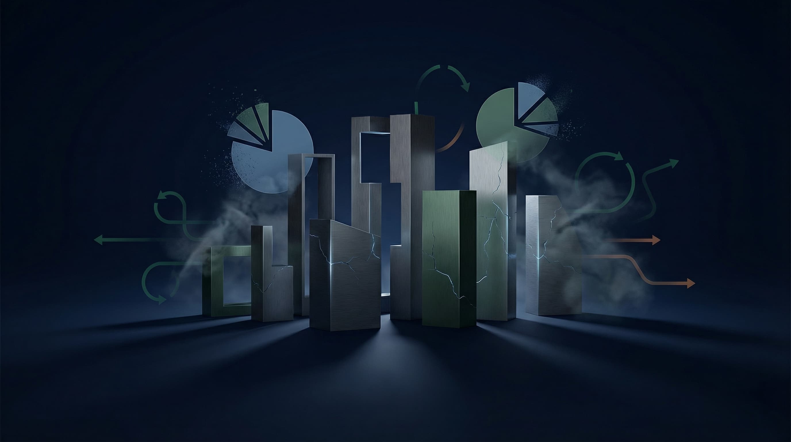 Abstract corporate building silhouettes with fragmented sustainability data and unverified charts