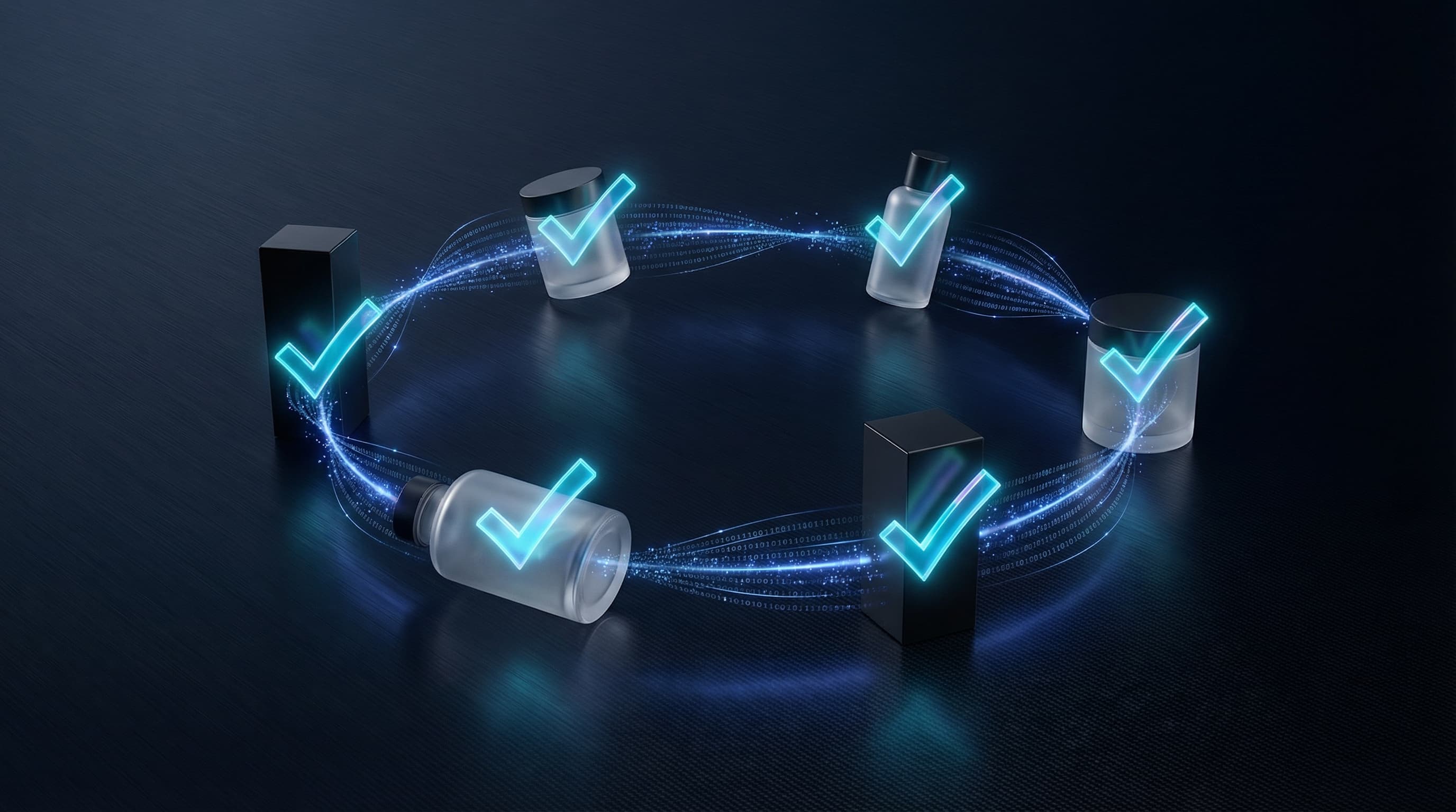 Verified brand campaign tracking with product packaging flowing through a recycling loop with cyan checkmarks