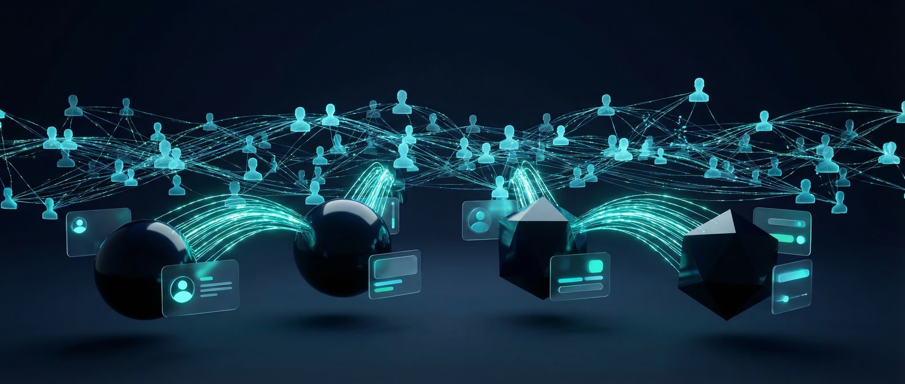 Abstract four-quadrant visualization representing different stakeholder audiences connected by glowing data lines