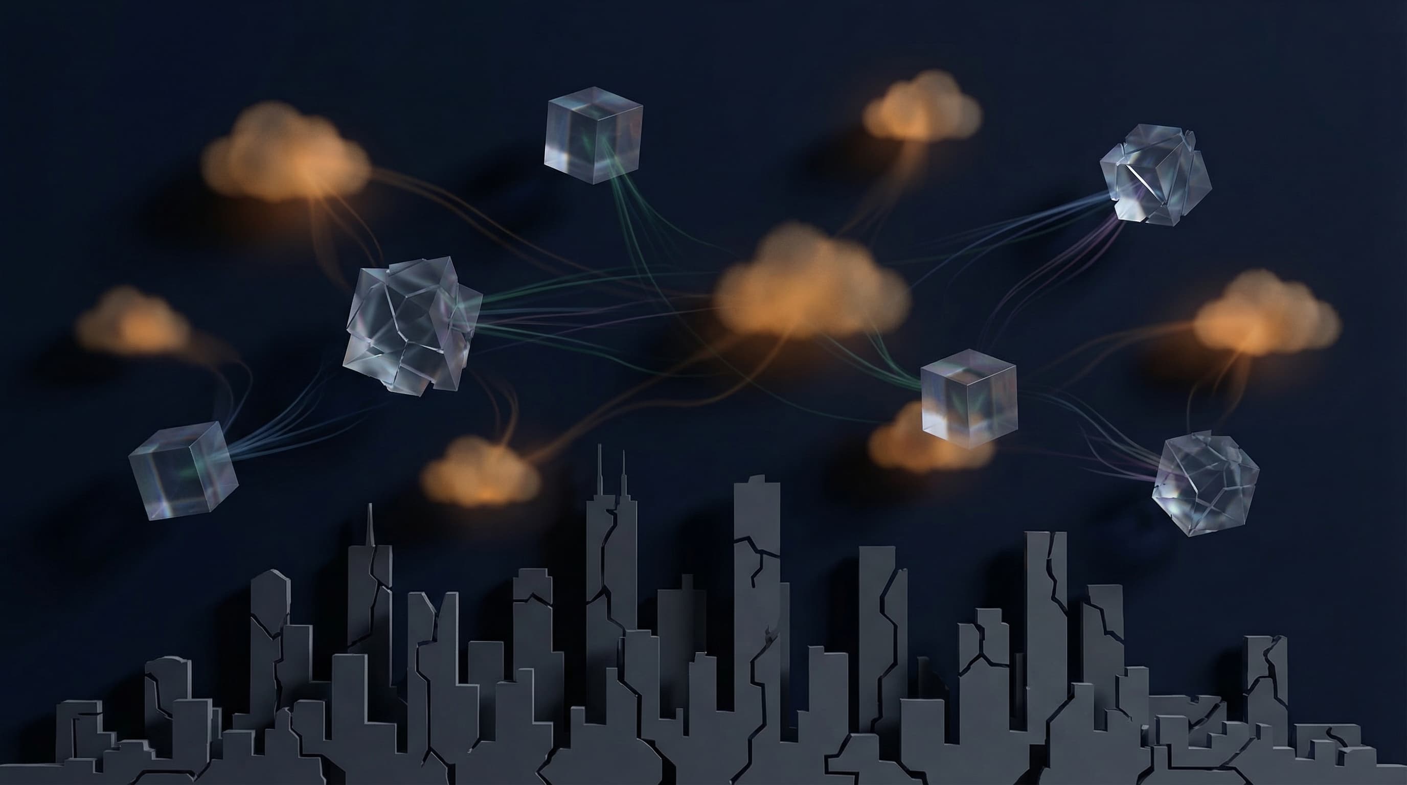 Abstract city skyline with disconnected data silos and fragmented reporting streams